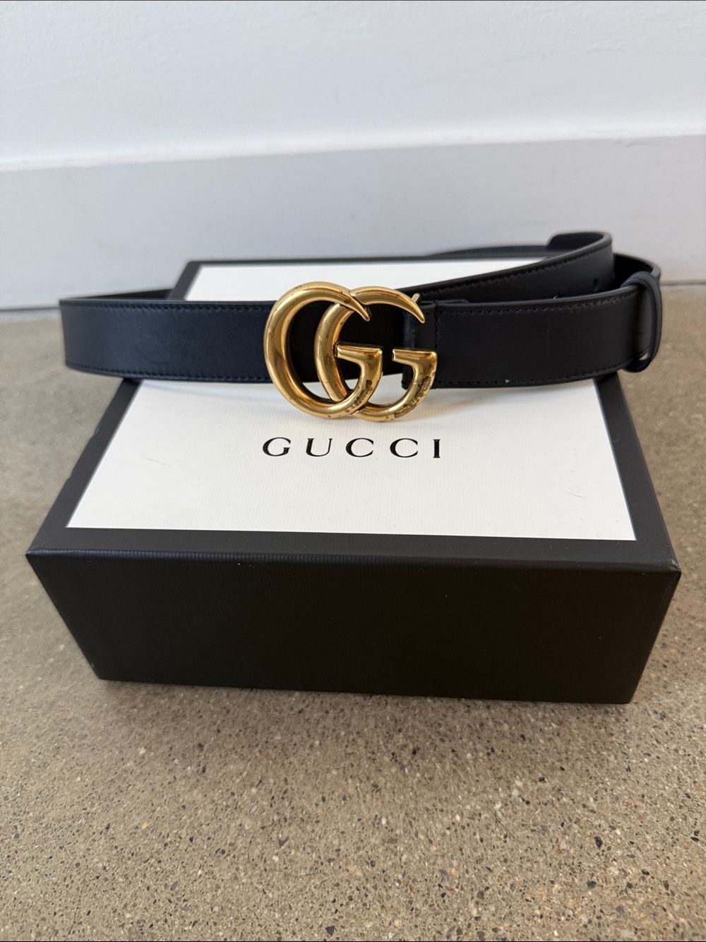 Gucci Black Leather Belt with Gold Double G Interlocking Buckle